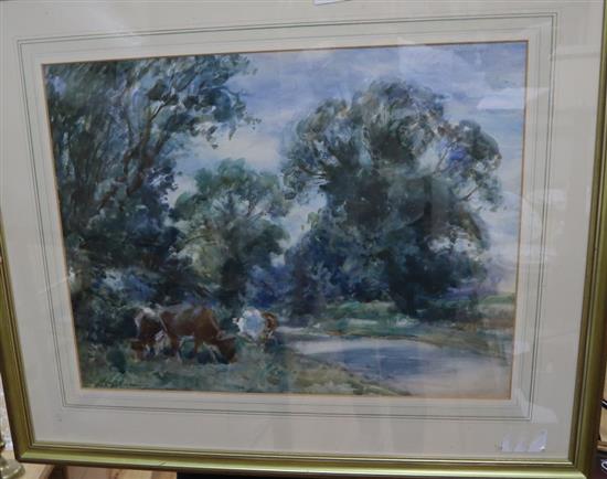 David J Robertson (1834-1925), watercolour, Wooded landscape with cattle on a river bank, signed, 42 x 55cm